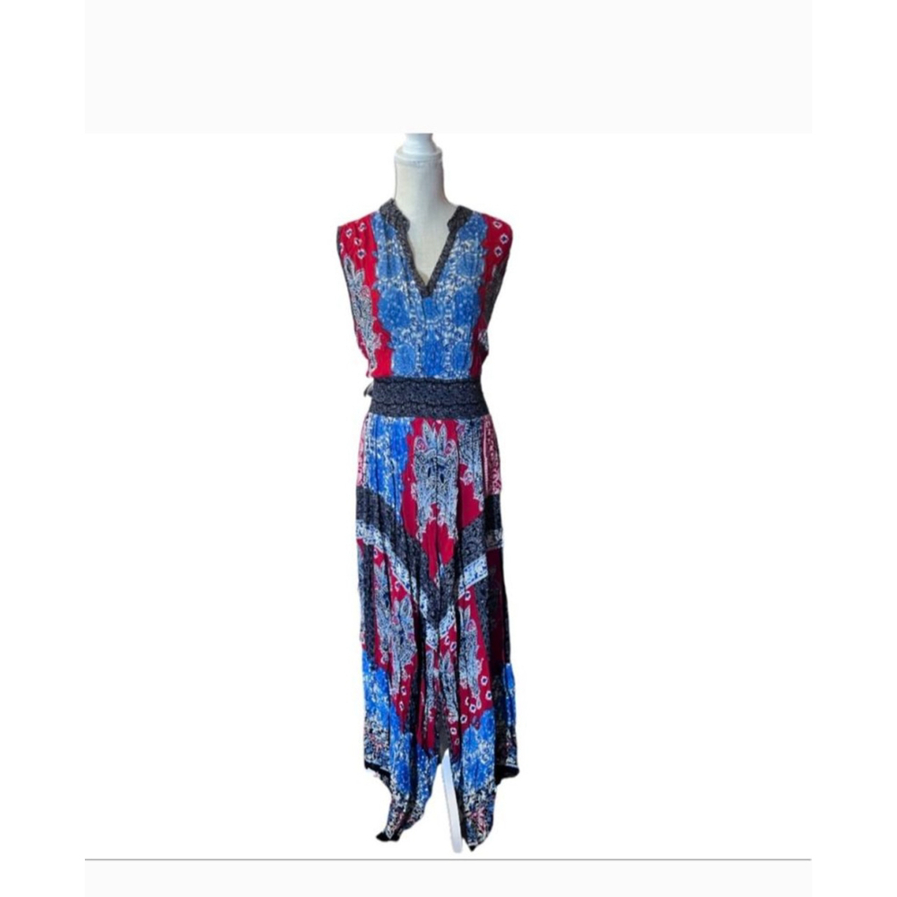 Bila Women's Maxi , XXL, Red & Blue boho nwot dansk dress stretch waist maxi - Picture 2 of 7